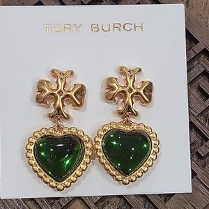 Tory Burch Gold and Green Heart Earrings